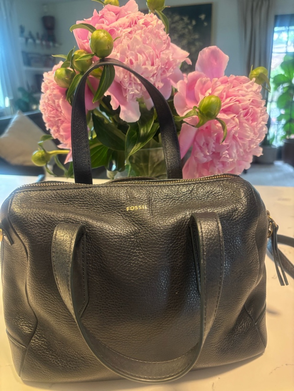 Fossil Blue  Pebbled Leather Shoulder Bag with Gold Logo - Picture 15 of 15